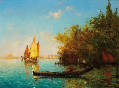 Albert Ferdinand DUPRAT (1882-1974) Gondoles à Venise Huile sur toile, signée en...
