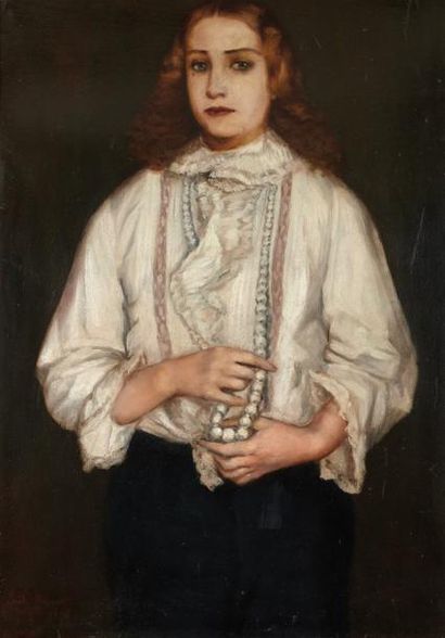 Attribué à Emile BERNARD (1868-1941) Jeune femme au collier ade perles Huile sur...