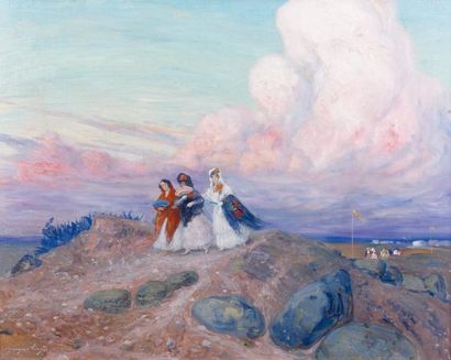 Georges BERGES (1870-1935) Jeunes espagnoles dans un paysage Huile sur toile, signée...