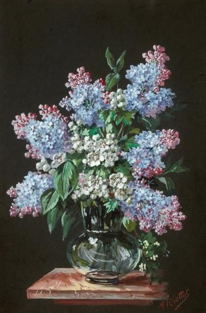 Adolphe RIOTTOT (XIXe-XXe) Vase de lilas Gouache, signée en bas à droite 15.5 x 10...