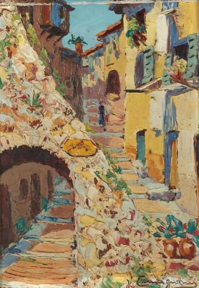 Vincent CERMIGNANI (1902-1971) La vieille rue du Perouzin à Cagnes Sur Mer Huile...