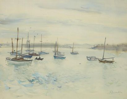 Paul PERRAUDIN (1907-1993) Barques au matin, Île aux Moines Aquarelle, signée et...