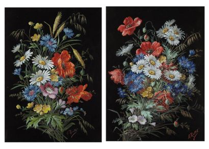 Adolphe RIOTTOT (XIXe-XXe) Bouquet de fleurs des champs Paire de gouaches, signées...