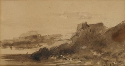 ECOLE FRANÇAISE DU XIXe Paysage avec falaise Crayon et lavis d'encre Annoté en bas...