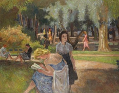 Bertrand MOGNIAT-DUCLOS (1903-1987) Scène animée dans un parc Huile sur toile, signée...