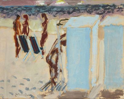 Edouard-Georges MAC AVOY (1905-1991) La douche sur la plage, 1950 Huile sur papier,...