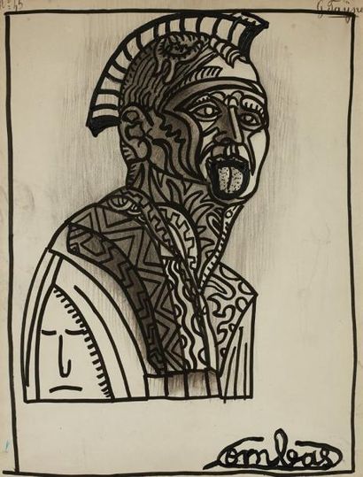 Robert COMBAS (Né en 1957) Tête de guerrier antique, circa 1995Acrylique sur papier,...