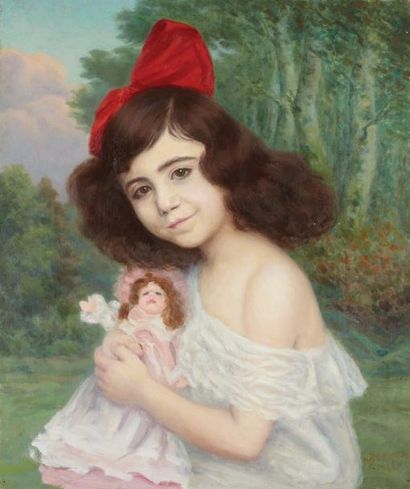 Henri BLAHAY (né en 1880) Jeune fille à la poupée Huile sur toile 46 x 55 cm