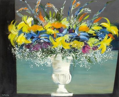 Victor SPAHN (né en 1949) Nature morte à la vasque fleurie Huile sur toile, signée...