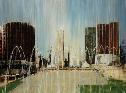 Michel JUNIET (1947) La Défense, 1997 Huile sur toile, signée en bas à droite, contresignée...