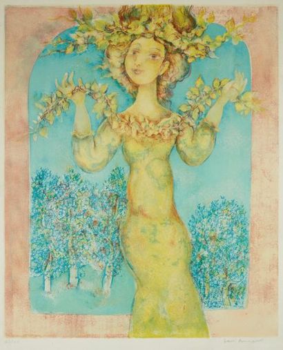 SAKTI BURMAN (1935) Le printemps Lithographie en couleur, numérotée 63/180 en bas...