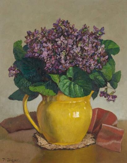 Paul-Léon BLEGER (1889-1981) Vase aux hortensias Huile sur panneau, signée en bas...