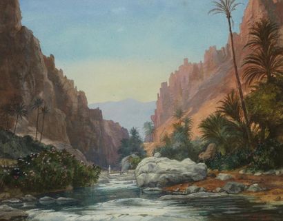 A.LEROUX (XIX-XXe) Paysage orientaliste à la rivière Aquarelle et gouache, signé...