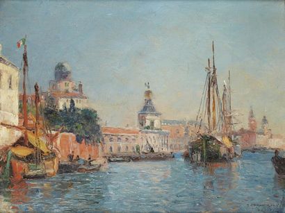 Gaston ROULLET (1847-1925) Venise, le séminaire et la pointe de la douane Huile sur...