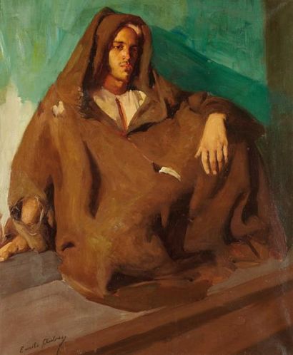 Émile AUBRY (1880-1964) Jeune marocain assis Huile sur toile, signée en bas à gauche...