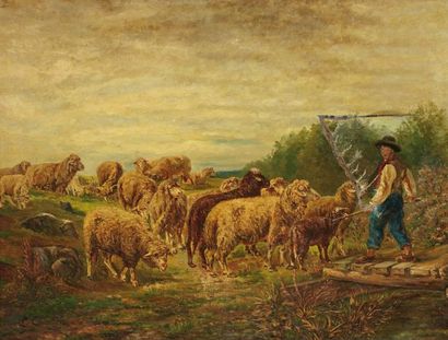 Luigi Chialiva (1842-1914) Jeune pâtre et ses moutons Huile sur toile, signée en...