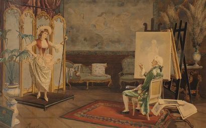 Paolo RICCARDI (1826-1873) Le peintre et son modèle Aquarelle, signée en bas à gauche...