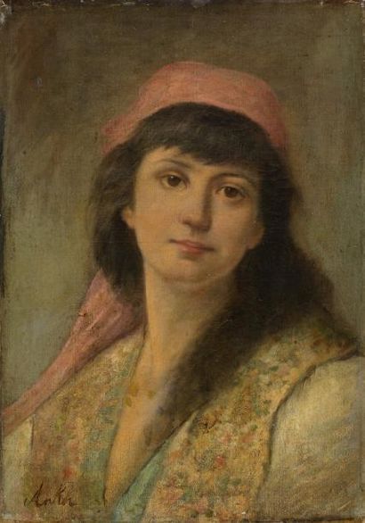 Attribué à Albert ANKER (1831-1910) Jeune femme au foulard rouge Huile sur toile,...