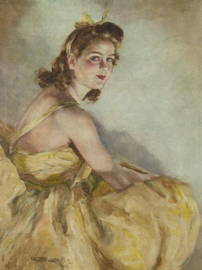 Pal FRIED (1893-1976) Jeune fille à la robe jaune Huile sur toile, signée en bas...