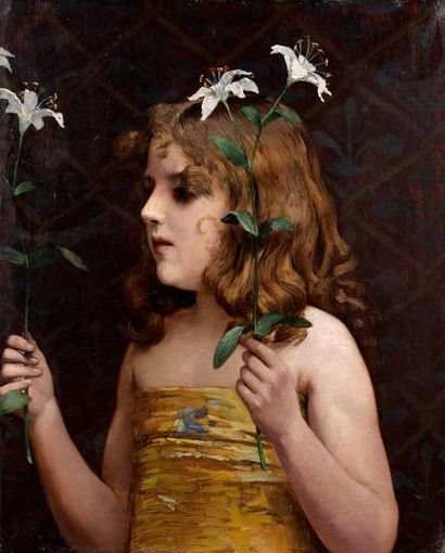 Carl NYS (né en 1858) école belge Fillette aux fleurs Huile sur toile, signée en...