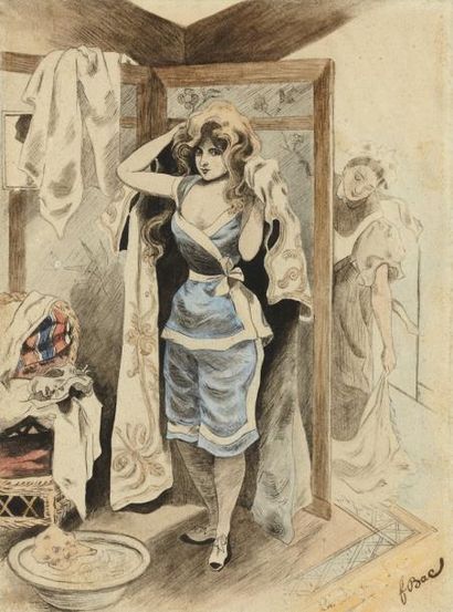 Ferdinand BAC (1859-1952) Toilette d'une élégante Aquarelle, encre et crayon, signée...