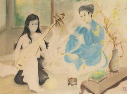 Asie (XXe) Méditation Peinture sur tissu, signée Sinh et marquée d'un cachet en bas...