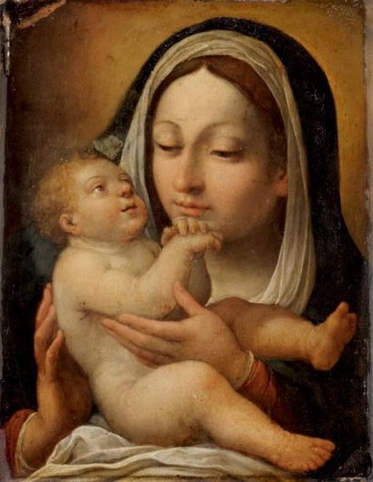 Ecole ITALIENNE, vers 1620 Vierge à l'enfant Cuivre 35 x 27 cm (Petits accidents...