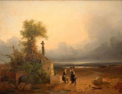 Charles DELAROCHE (XIXème siècle) Paysannes près d'une fontaine Huile sur toile,...