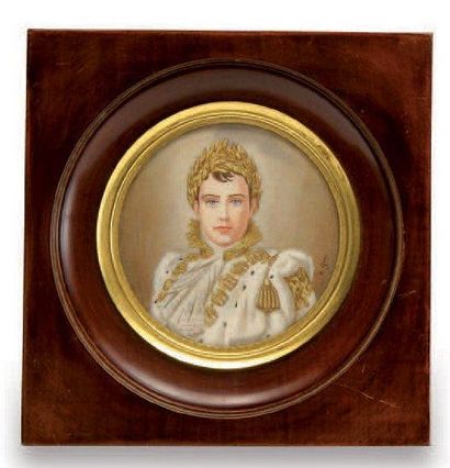 S. GRAY Ecole française du XIXème siècle Portrait de Napoléon Miniature ronde sur...