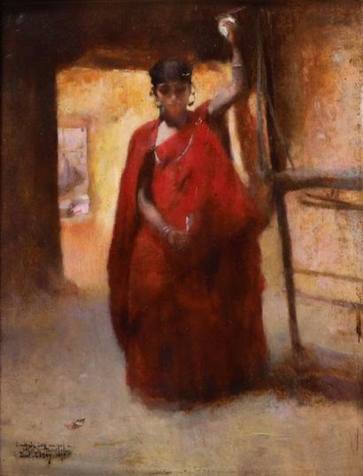 Paul LEROY (1860-1942) Fileuse dans un interieur saharien Huile sur panneau, signée,...