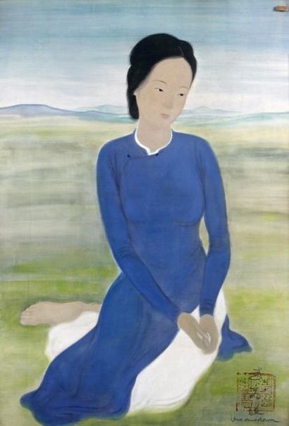 VU CAO DAM (1908-2000) Jeune femme en bleu dans un paysage, circa 1939 Encre et gouache...