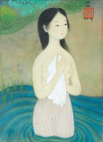MAI TRUNG THU (1906-1980) École vietnamienne Le bain Encre et gouache sur soie, signée...
