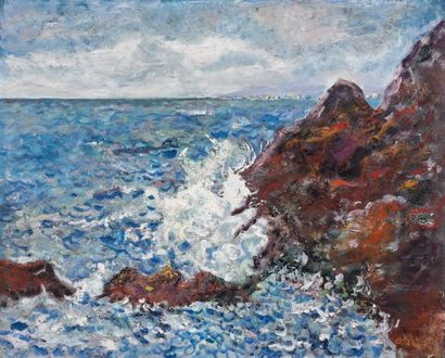 Lucien ADRION (1889-1953) Côte rocheuse, Lancieux Huile sur toile, signée en bas...