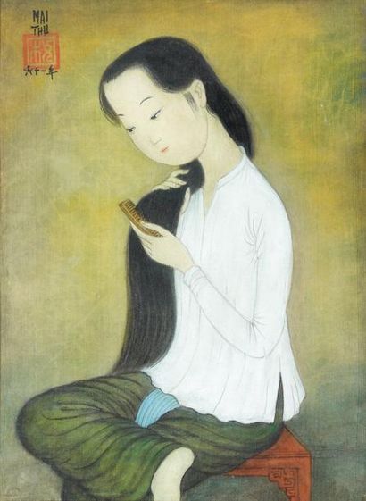 MAI TRUNG THU (1906-1980) École vietnamienne Jeune fille peignant les cheveux, 1961...