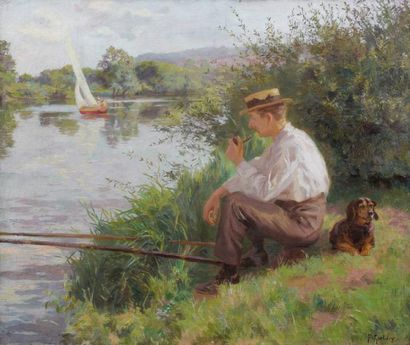 Ferdinand Joseph GUELDRY (1858-1945) Le pêcheur au bord de l'eau Huile sur toile,...