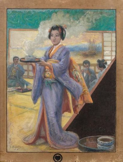 Georges-Ferdinand BIGOT (1860-1927) Le thé Pastel sur papier marouflé sur toile,...