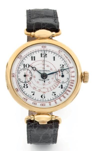 UNIVERSAL WATCH Circa 1920 N°513287 Rare et grand chronographe mono poussoir en or...