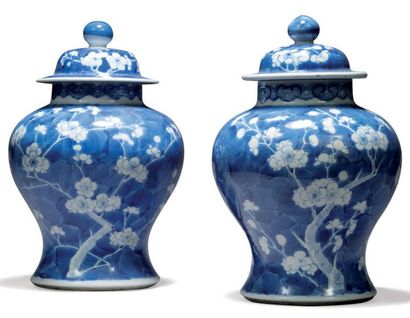 CHINE Paire de potiches couvertes, de forme balustre, décorées en bleu sou couverte...