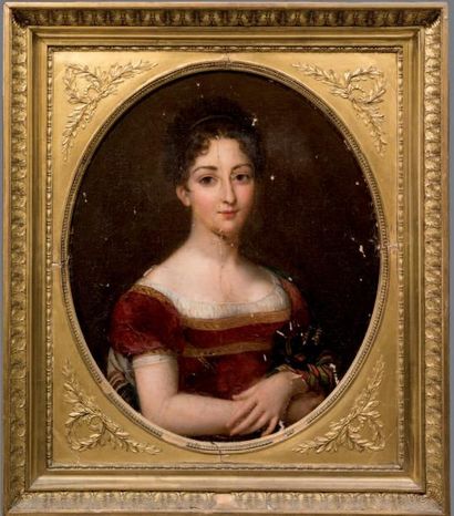 Ecole Française du XIXème Portrait de femme en robe rouge
Huile sur toile 
66 x 55...