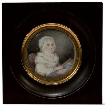 École FRANÇAISE vers 1795 Portrait de la Comtesse de DILLON à son ouvrage.
Miniature...
