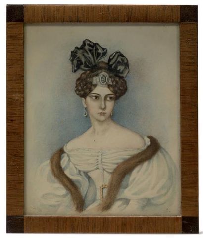 Ecole Allemande vers 1840 Portrait de femme en robe de voile blanc bordée de zibeline,...