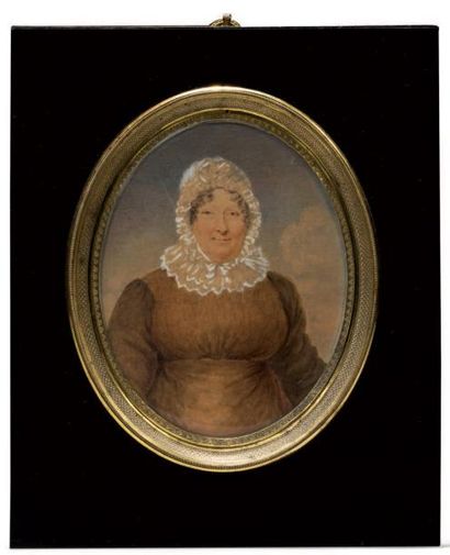 Ecole française du début du 19e siècle Portrait de femme au bonnet de dentelle.
Miniature...