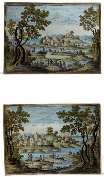 Castelli Paire de plaques rectangulaires décorées en polychromie représentant des...