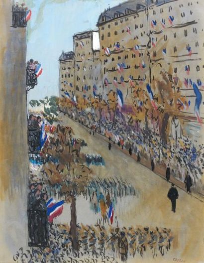 Jean Louis Marcel COSSON (1878-1956) La parade du 14 Juillet, au verso Scène de café...