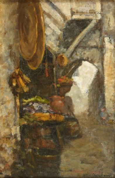 ALBERT LEBOURG (1849-1928) Etalage dans la Casbah, à Alger Huile sur toile, signée...