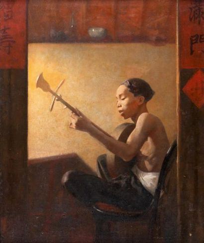 École vietnamienne du XXe Jeune musicien Huile sur isorel 65 x 55 cm - 251/2 x 213/4...
