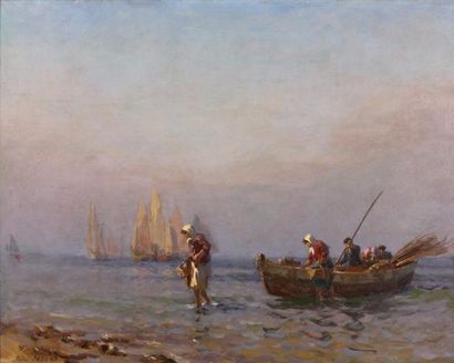 Paul JOBERT (1863-1942) Le retour des pêcheurs Huile sur toile, signée en bas à gauche...