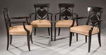 Jean PASCAUD (1903-1996) Suite de quatre fauteuils modèle «Carreau, coeur, trêfle...