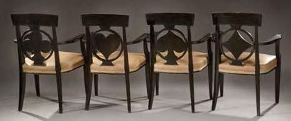 Jean PASCAUD (1903-1996) Suite de quatre fauteuils modèle «Carreau, coeur, trêfle...