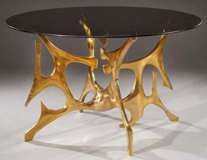 FRED BROUARD (1944-1999) Exceptionnelle table de salle à manger à plateau circulaire...